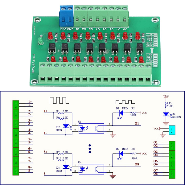 Diyeeni 24V to 5V Optical Isolation Module, 8 Channel Optocoupler PLC Signal Converter Board for Signal Isolation & Level Conversion, High Speed 20KHZ