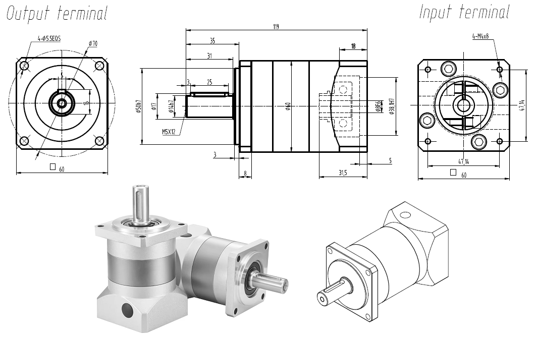 Planetary Gearbox inline Nema 23 / 60mm